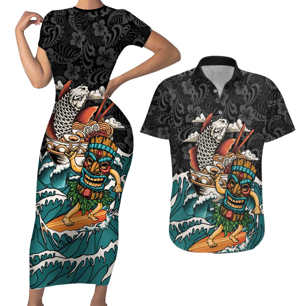 Personalized Japanese Koi Fish Ramen Couples Matching Short Sleeve Bodycon Dress and Hawaiian Shirt Tiki Surfing Wagara Hibiscus Pattern - Wonder Print Shop