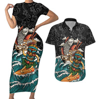 Personalized Japanese Koi Fish Ramen Couples Matching Short Sleeve Bodycon Dress and Hawaiian Shirt Tiki Surfing Wagara Hibiscus Pattern - Wonder Print Shop