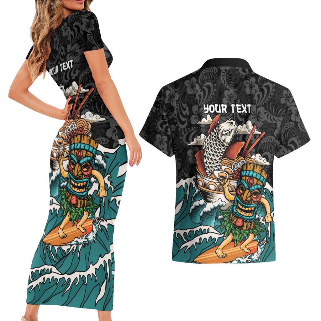 Personalized Japanese Koi Fish Ramen Couples Matching Short Sleeve Bodycon Dress and Hawaiian Shirt Tiki Surfing Wagara Hibiscus Pattern - Wonder Print Shop