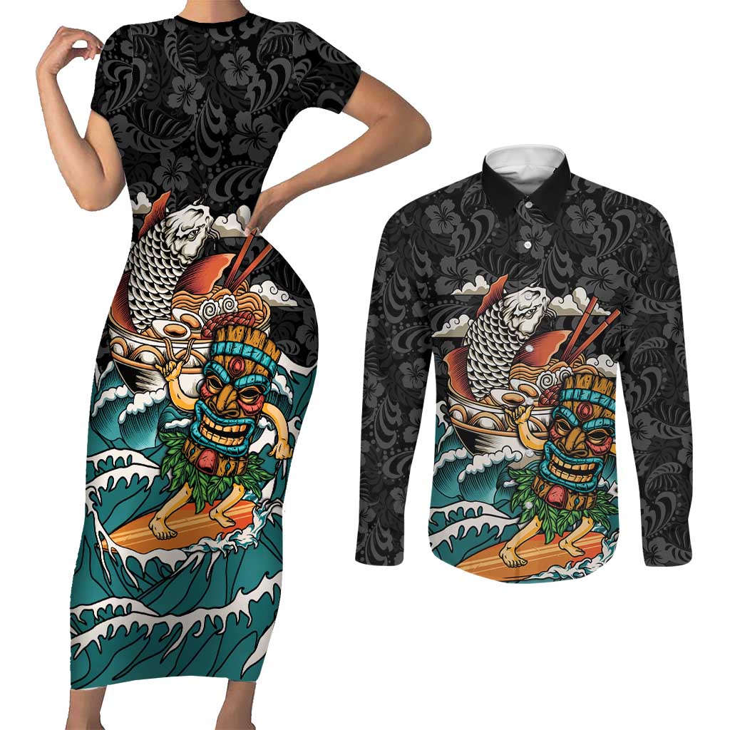 Personalized Japanese Koi Fish Ramen Couples Matching Short Sleeve Bodycon Dress and Long Sleeve Button Shirt Tiki Surfing Wagara Hibiscus Pattern - Wonder Print Shop