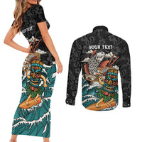 Personalized Japanese Koi Fish Ramen Couples Matching Short Sleeve Bodycon Dress and Long Sleeve Button Shirt Tiki Surfing Wagara Hibiscus Pattern - Wonder Print Shop
