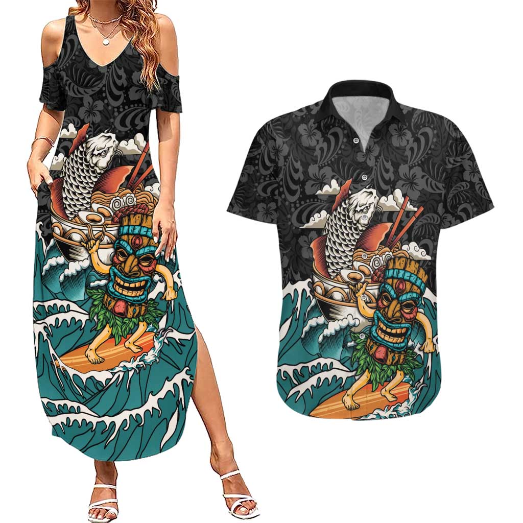Personalized Japanese Koi Fish Ramen Couples Matching Summer Maxi Dress and Hawaiian Shirt Tiki Surfing Wagara Hibiscus Pattern - Wonder Print Shop