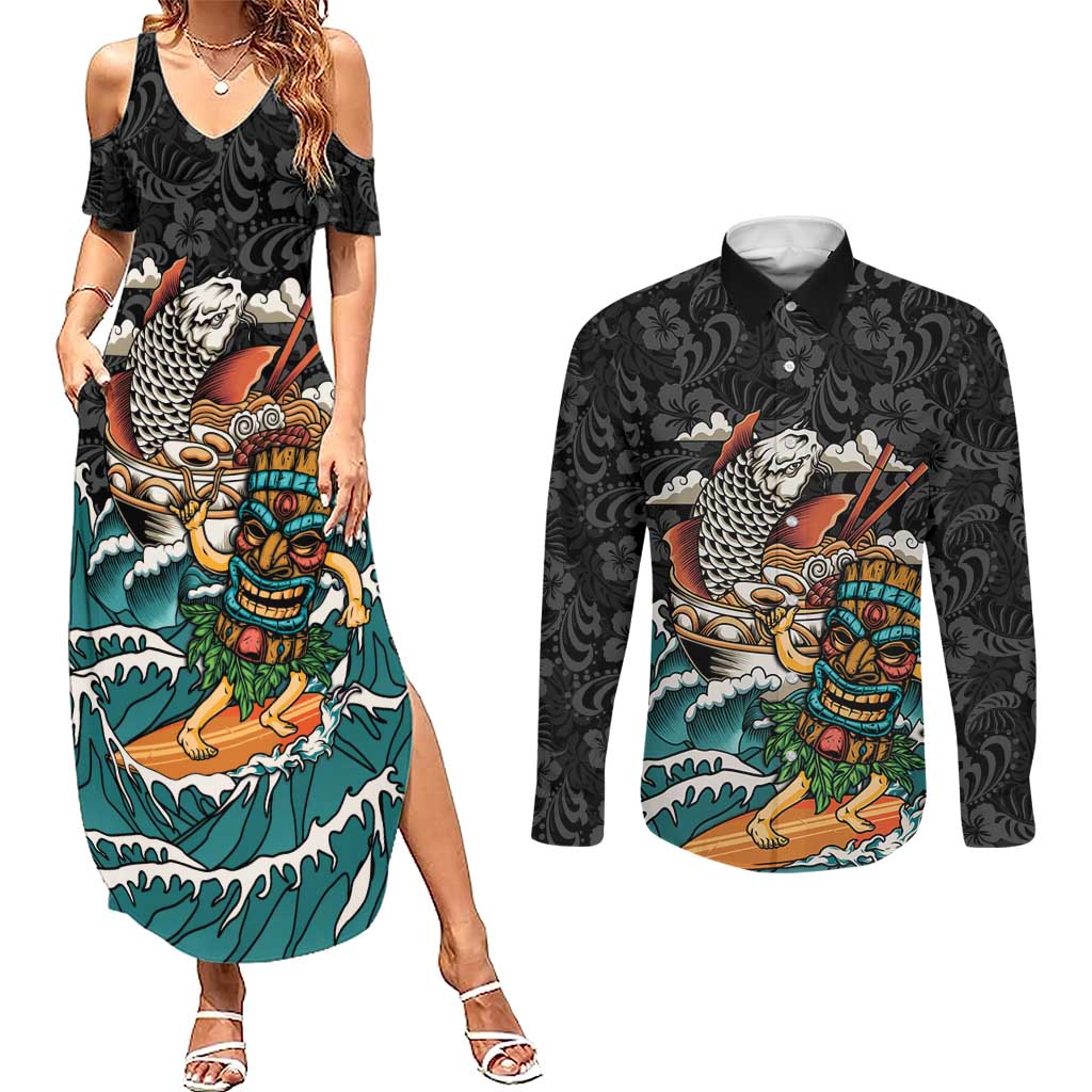 Personalized Japanese Koi Fish Ramen Couples Matching Summer Maxi Dress and Long Sleeve Button Shirt Tiki Surfing Wagara Hibiscus Pattern - Wonder Print Shop