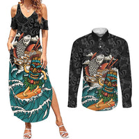 Personalized Japanese Koi Fish Ramen Couples Matching Summer Maxi Dress and Long Sleeve Button Shirt Tiki Surfing Wagara Hibiscus Pattern - Wonder Print Shop