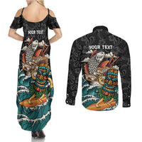 Personalized Japanese Koi Fish Ramen Couples Matching Summer Maxi Dress and Long Sleeve Button Shirt Tiki Surfing Wagara Hibiscus Pattern - Wonder Print Shop