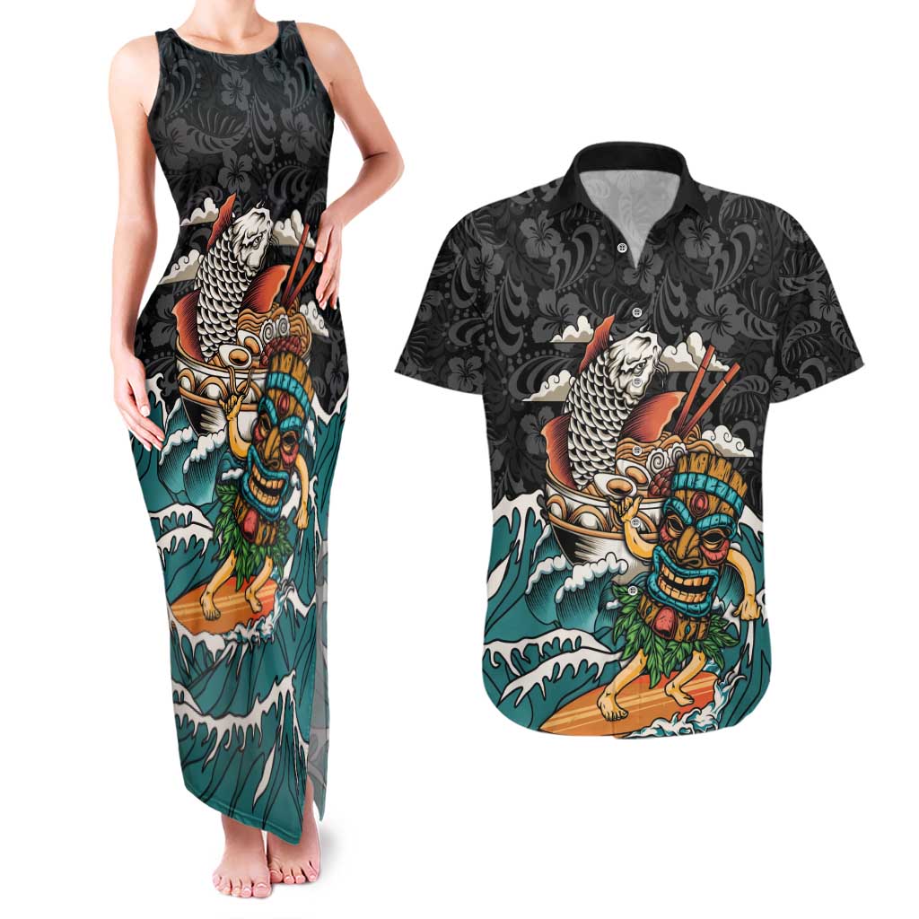 Personalized Japanese Koi Fish Ramen Couples Matching Tank Maxi Dress and Hawaiian Shirt Tiki Surfing Wagara Hibiscus Pattern - Wonder Print Shop