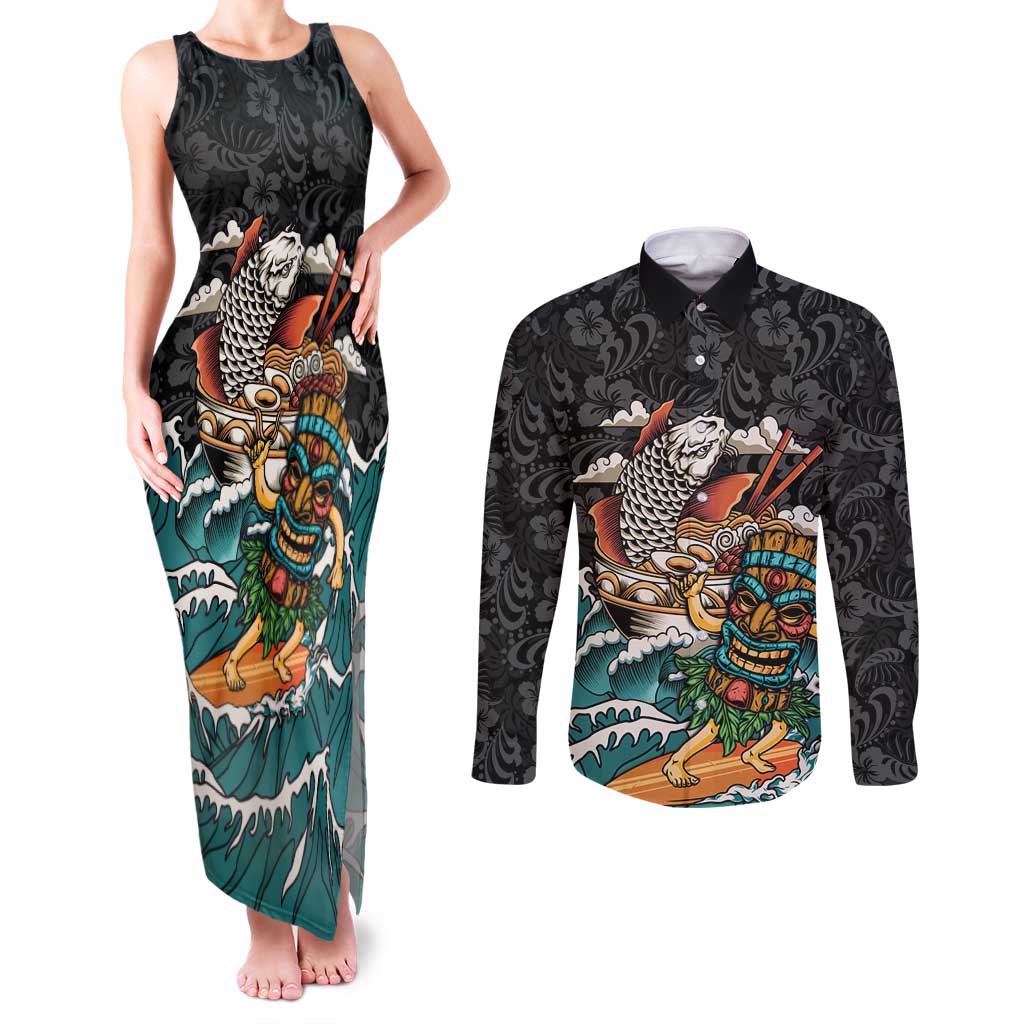 Personalized Japanese Koi Fish Ramen Couples Matching Tank Maxi Dress and Long Sleeve Button Shirt Tiki Surfing Wagara Hibiscus Pattern - Wonder Print Shop