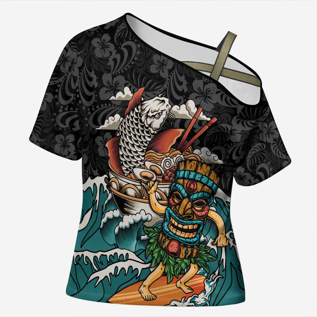 Personalized Japanese Koi Fish Ramen Cross Shoulder Shirt Tiki Surfing Wagara Hibiscus Pattern - Wonder Print Shop