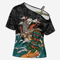 Personalized Japanese Koi Fish Ramen Cross Shoulder Shirt Tiki Surfing Wagara Hibiscus Pattern - Wonder Print Shop