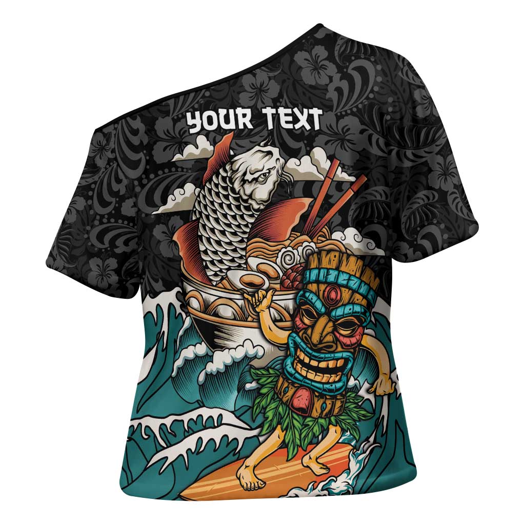Personalized Japanese Koi Fish Ramen Cross Shoulder Shirt Tiki Surfing Wagara Hibiscus Pattern - Wonder Print Shop