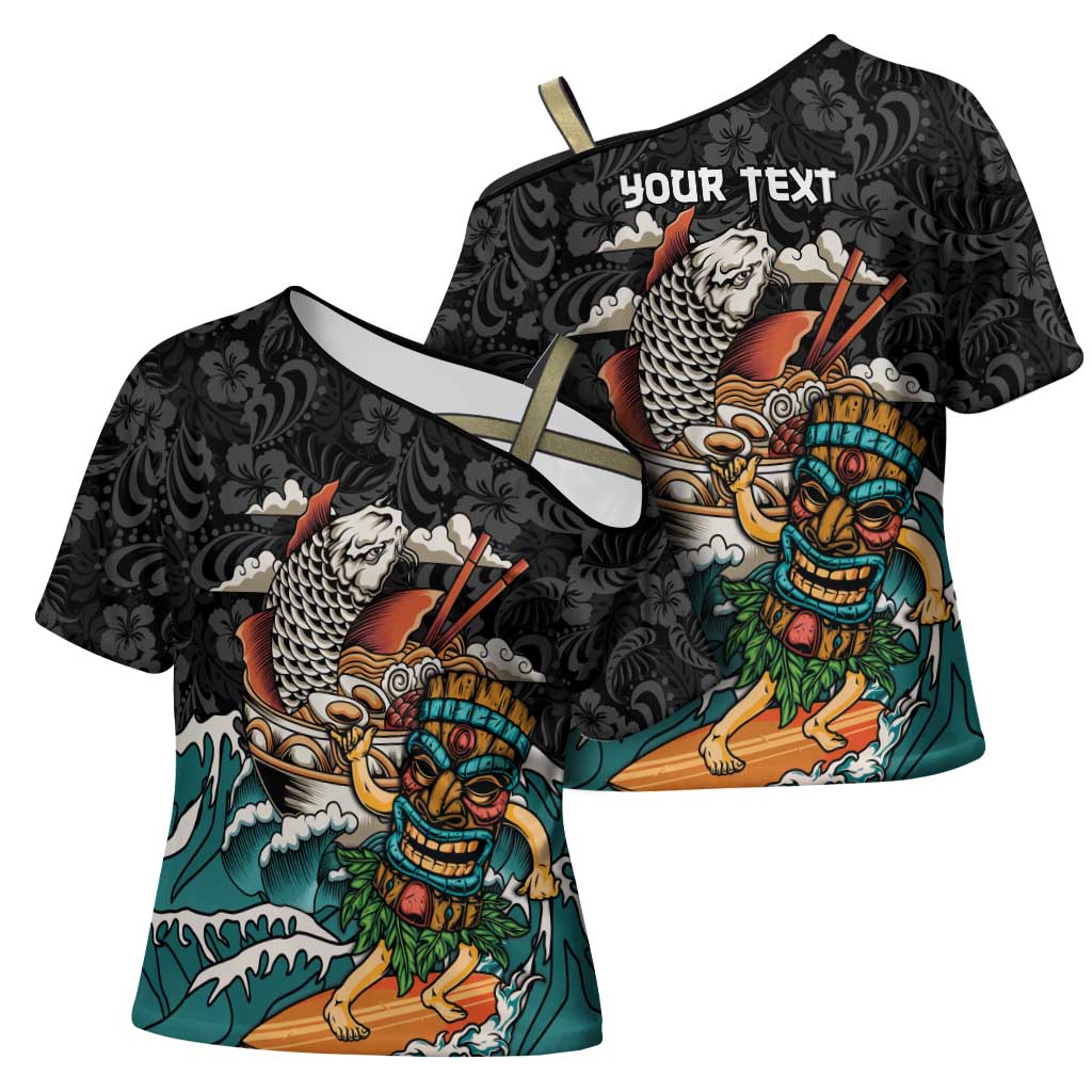 Personalized Japanese Koi Fish Ramen Cross Shoulder Shirt Tiki Surfing Wagara Hibiscus Pattern - Wonder Print Shop