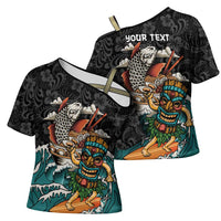Personalized Japanese Koi Fish Ramen Cross Shoulder Shirt Tiki Surfing Wagara Hibiscus Pattern - Wonder Print Shop