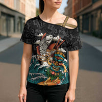 Personalized Japanese Koi Fish Ramen Cross Shoulder Shirt Tiki Surfing Wagara Hibiscus Pattern - Wonder Print Shop