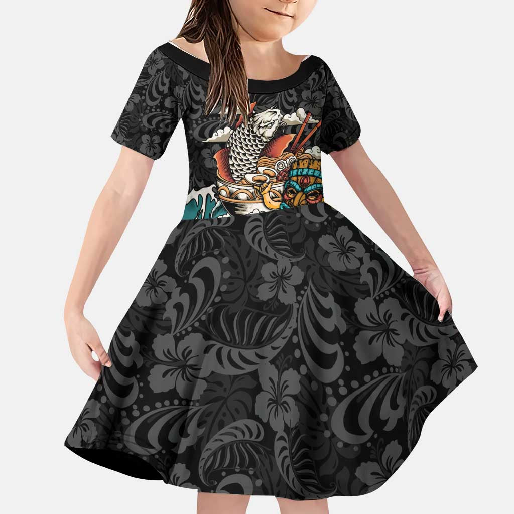 Personalized Japanese Koi Fish Ramen Family Matching Off The Shoulder Long Sleeve Dress and Hawaiian Shirt Tiki Surfing Wagara Hibiscus Pattern