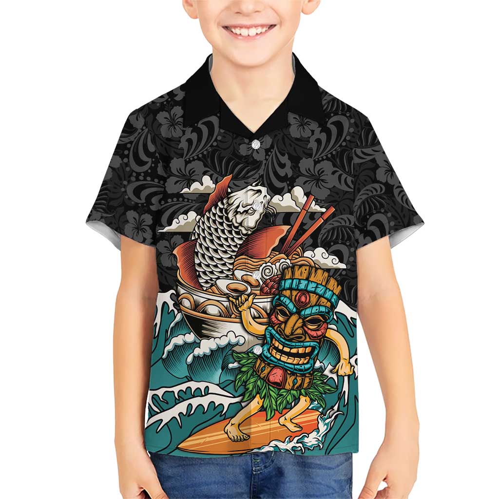Personalized Japanese Koi Fish Ramen Family Matching Off The Shoulder Long Sleeve Dress and Hawaiian Shirt Tiki Surfing Wagara Hibiscus Pattern