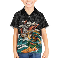 Personalized Japanese Koi Fish Ramen Family Matching Off The Shoulder Long Sleeve Dress and Hawaiian Shirt Tiki Surfing Wagara Hibiscus Pattern
