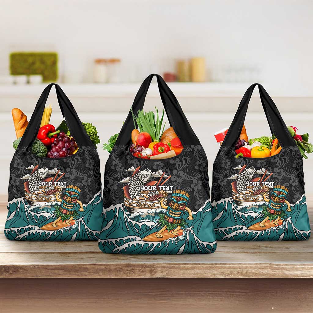 Personalized Japanese Koi Fish Ramen Grocery Bag Tiki Surfing Wagara Hibiscus Pattern - Wonder Print Shop