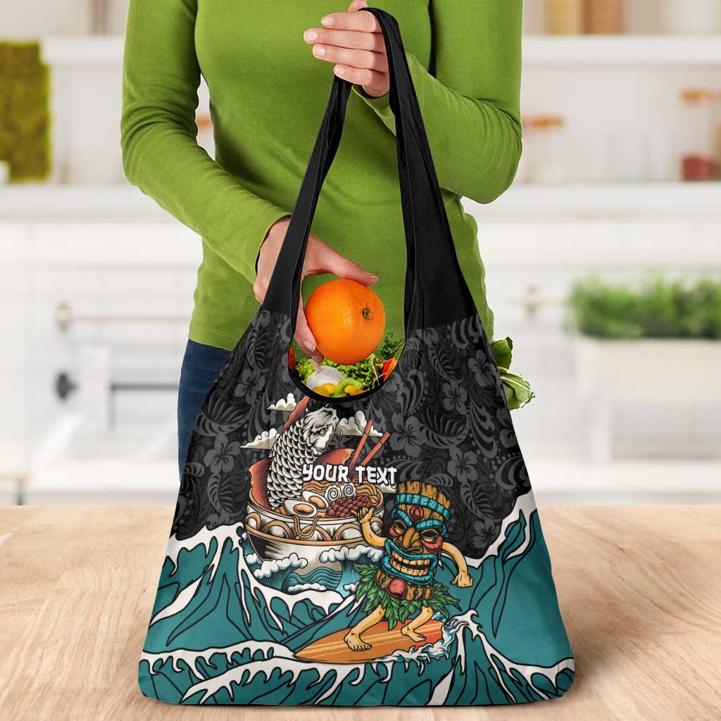 Personalized Japanese Koi Fish Ramen Grocery Bag Tiki Surfing Wagara Hibiscus Pattern - Wonder Print Shop