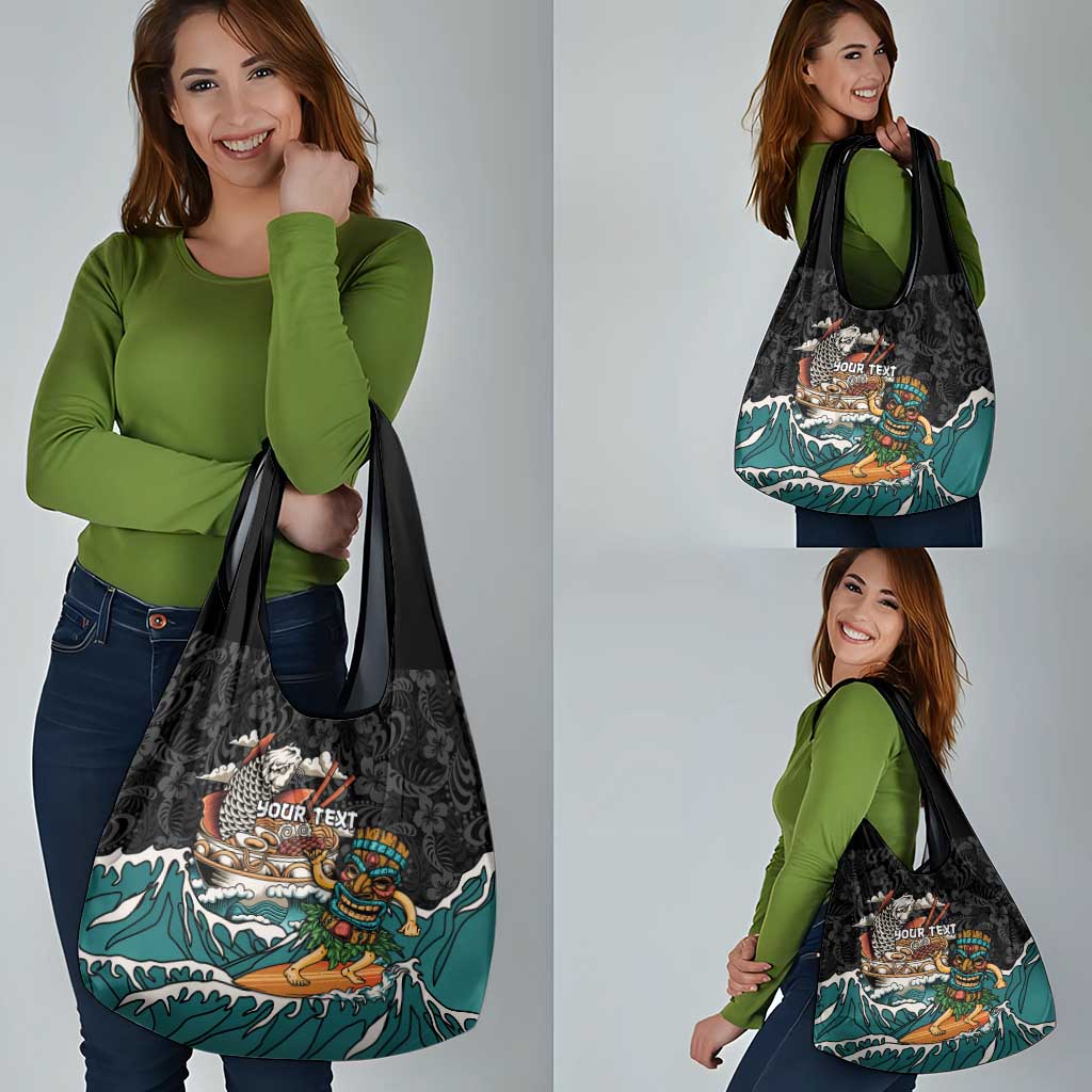 Personalized Japanese Koi Fish Ramen Grocery Bag Tiki Surfing Wagara Hibiscus Pattern - Wonder Print Shop