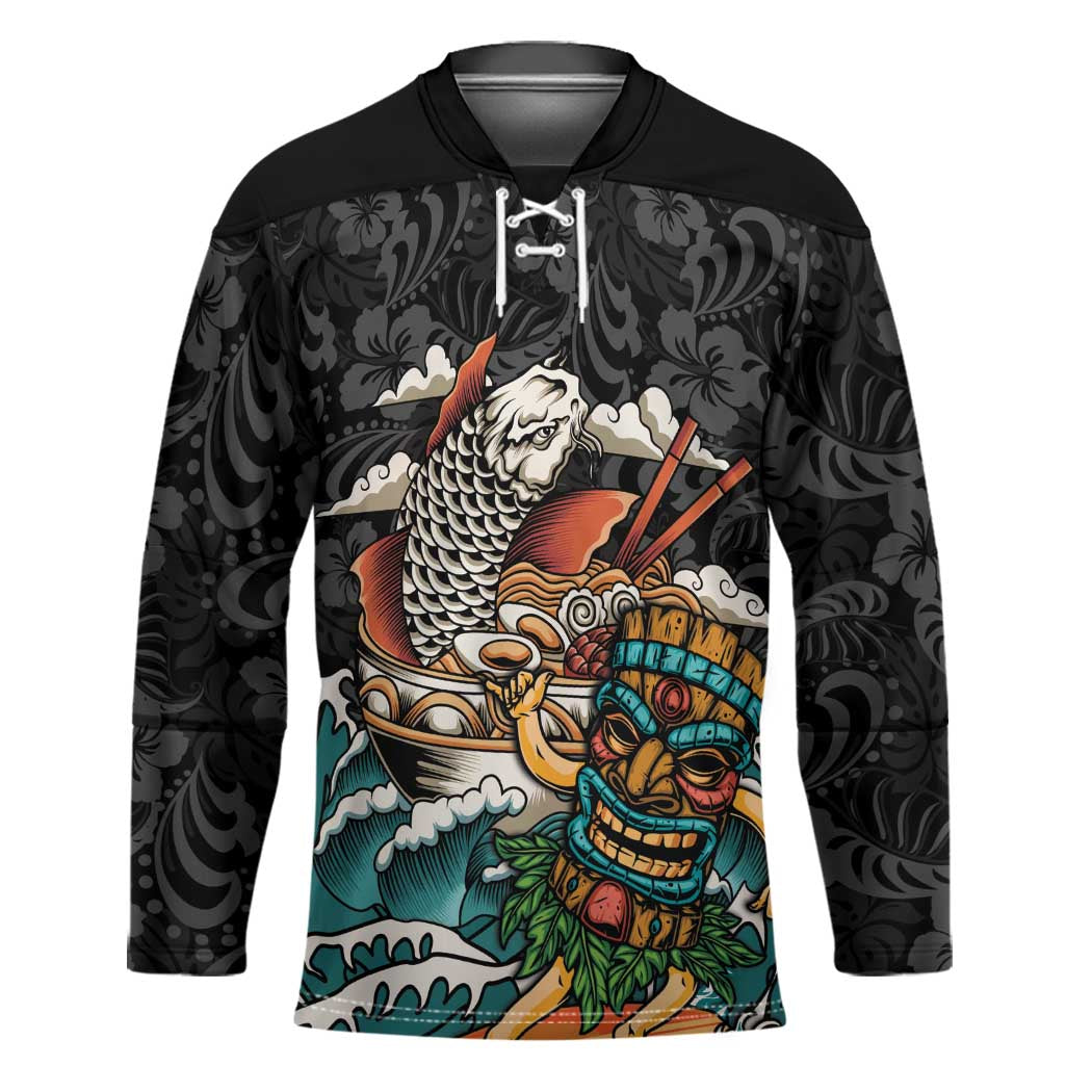 Personalized Japanese Koi Fish Ramen Hockey Jersey Tiki Surfing Wagara Hibiscus Pattern - Wonder Print Shop