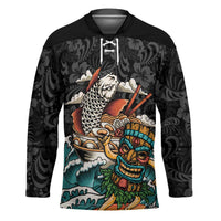 Personalized Japanese Koi Fish Ramen Hockey Jersey Tiki Surfing Wagara Hibiscus Pattern - Wonder Print Shop