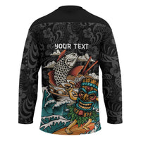 Personalized Japanese Koi Fish Ramen Hockey Jersey Tiki Surfing Wagara Hibiscus Pattern - Wonder Print Shop