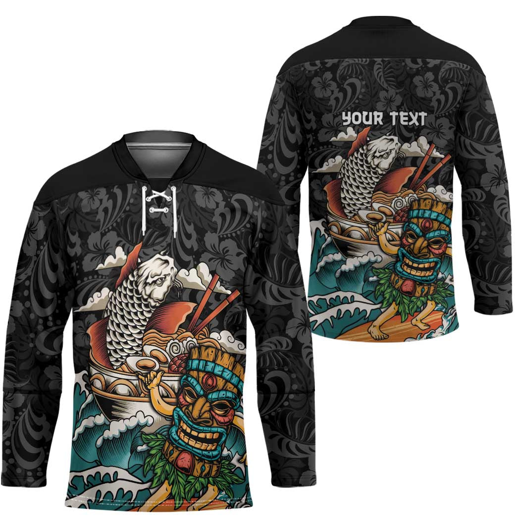 Personalized Japanese Koi Fish Ramen Hockey Jersey Tiki Surfing Wagara Hibiscus Pattern - Wonder Print Shop