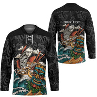 Personalized Japanese Koi Fish Ramen Hockey Jersey Tiki Surfing Wagara Hibiscus Pattern - Wonder Print Shop