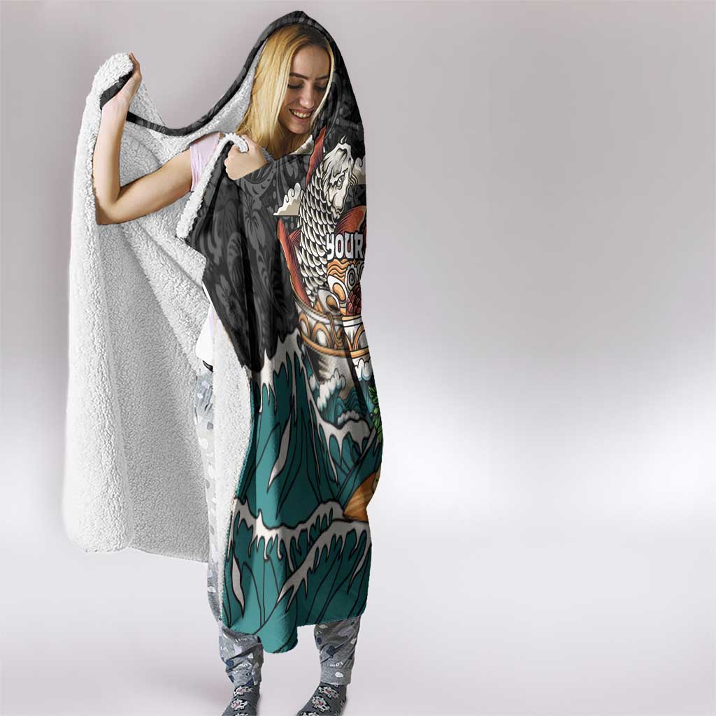 Personalized Japanese Koi Fish Ramen Hooded Blanket Tiki Surfing Wagara Hibiscus Pattern - Wonder Print Shop