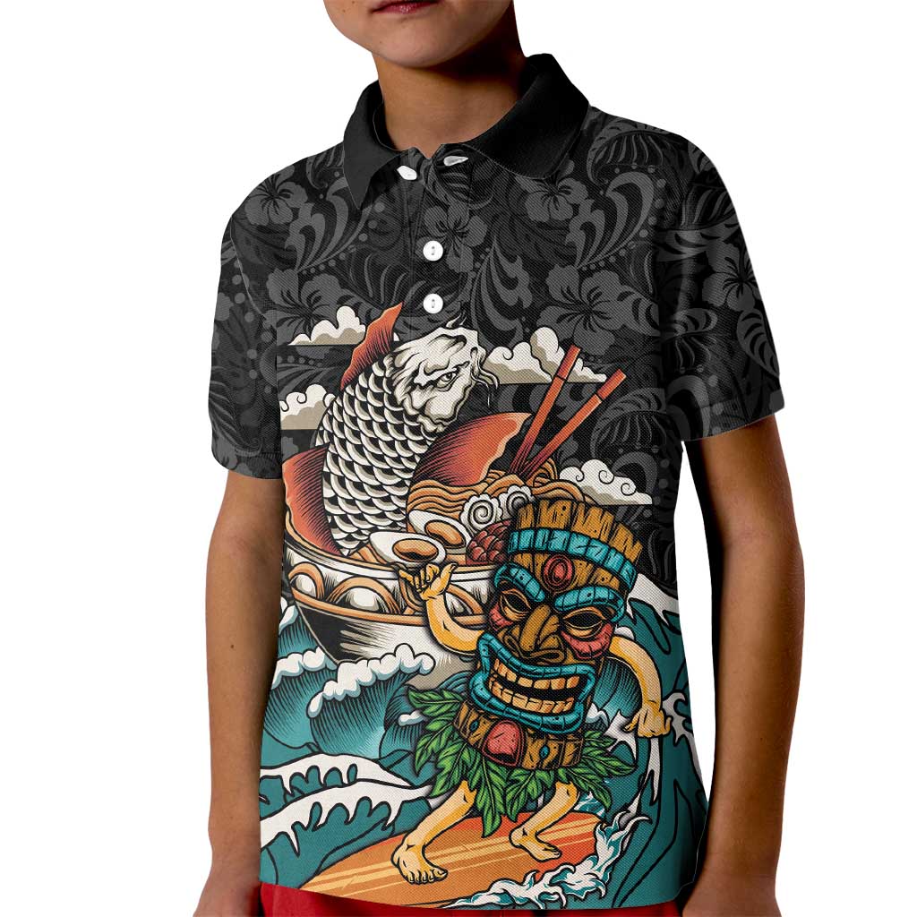 Personalized Japanese Koi Fish Ramen Kid Polo Shirt Tiki Surfing Wagara Hibiscus Pattern - Wonder Print Shop