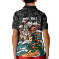 Personalized Japanese Koi Fish Ramen Kid Polo Shirt Tiki Surfing Wagara Hibiscus Pattern - Wonder Print Shop