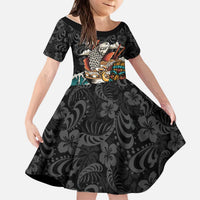 Personalized Japanese Koi Fish Ramen Kid Short Sleeve Dress Tiki Surfing Wagara Hibiscus Pattern - Wonder Print Shop