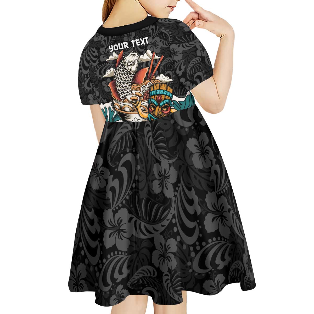 Personalized Japanese Koi Fish Ramen Kid Short Sleeve Dress Tiki Surfing Wagara Hibiscus Pattern - Wonder Print Shop