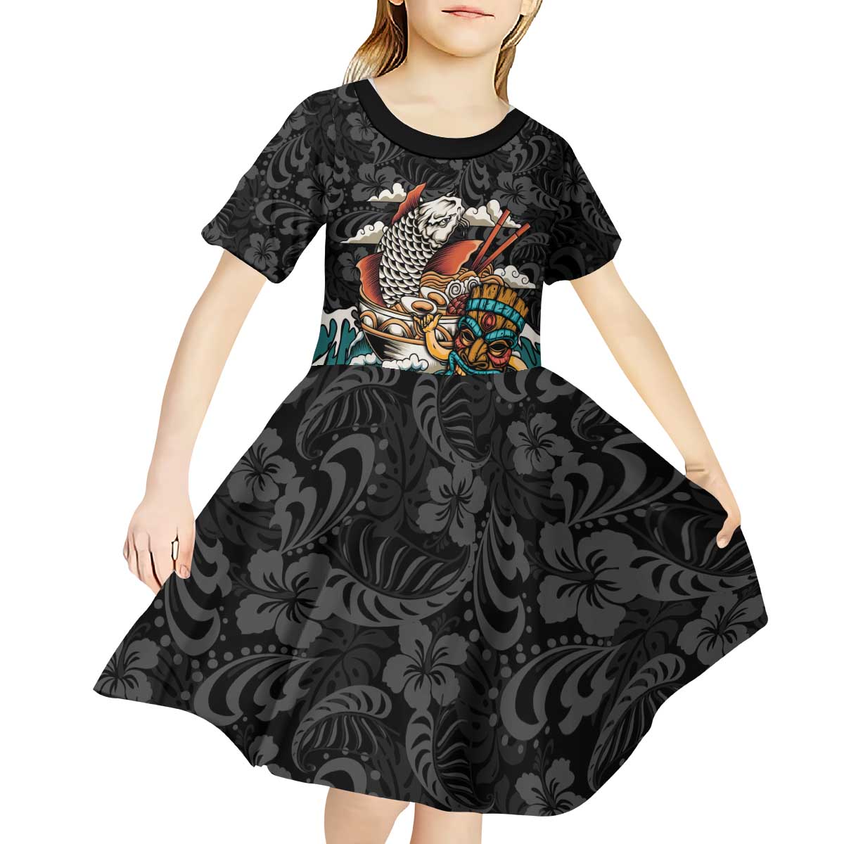 Personalized Japanese Koi Fish Ramen Kid Short Sleeve Dress Tiki Surfing Wagara Hibiscus Pattern - Wonder Print Shop