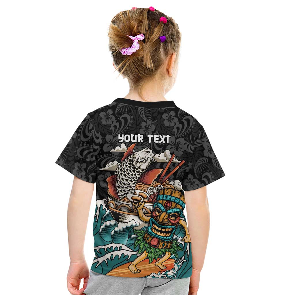 Personalized Japanese Koi Fish Ramen Kid T Shirt Tiki Surfing Wagara Hibiscus Pattern - Wonder Print Shop