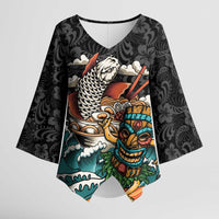 Personalized Japanese Koi Fish Ramen Kimono Sleeve Blouse Tiki Surfing Wagara Hibiscus Pattern - Wonder Print Shop