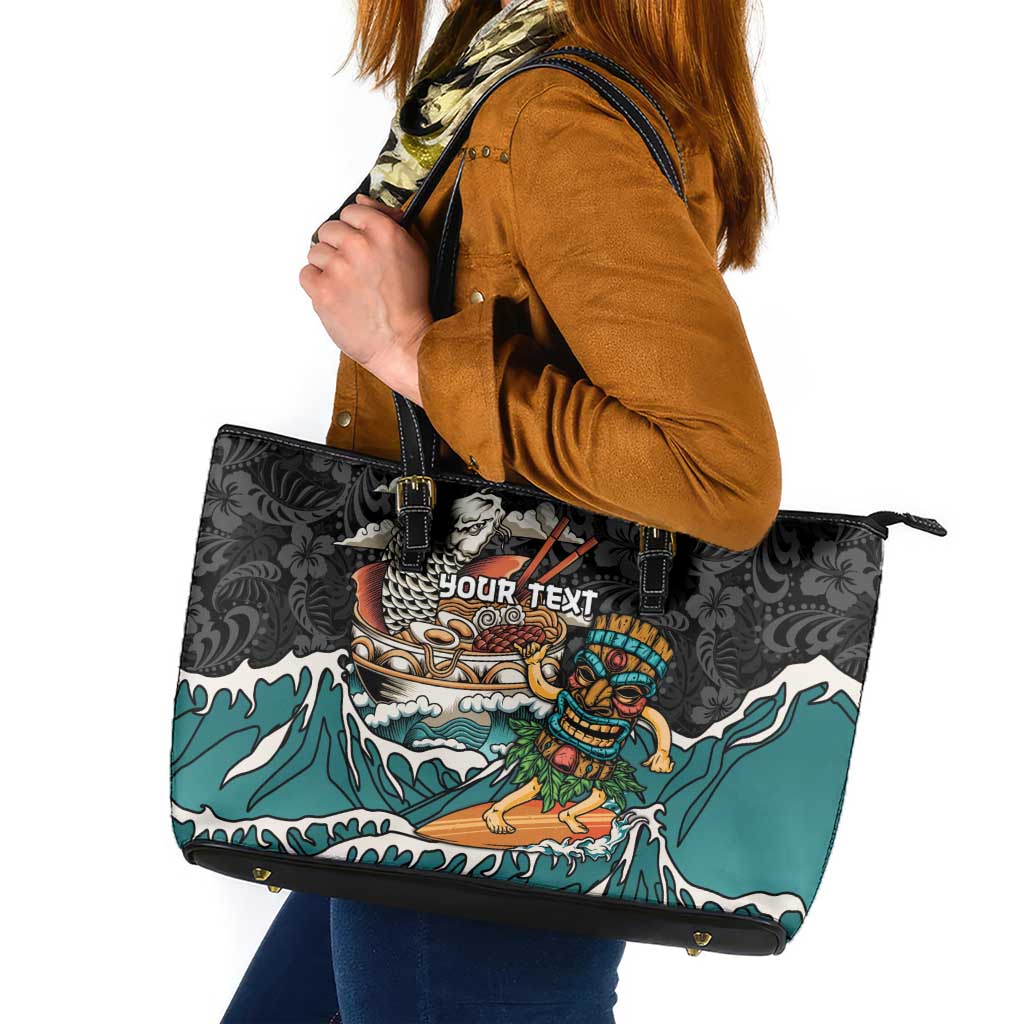 Personalized Japanese Koi Fish Ramen Leather Tote Bag Tiki Surfing Wagara Hibiscus Pattern - Wonder Print Shop