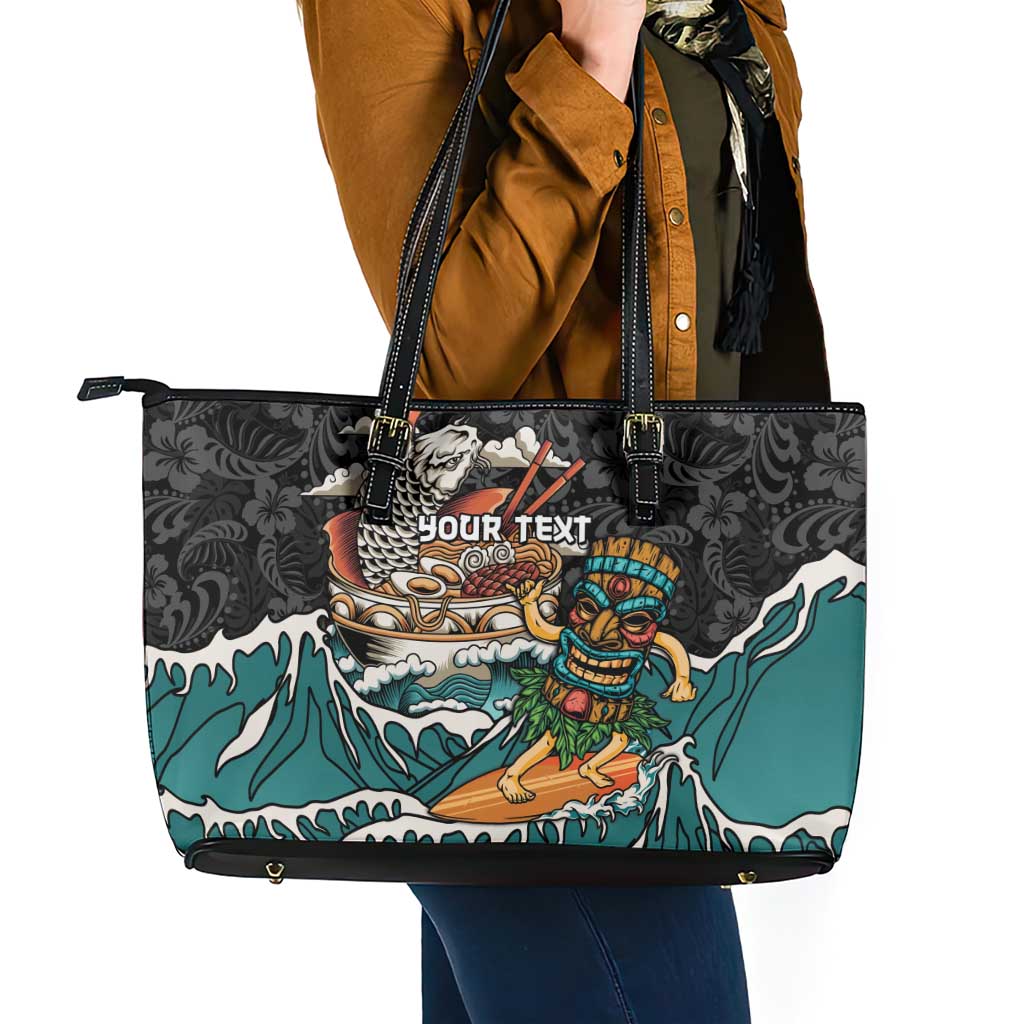 Personalized Japanese Koi Fish Ramen Leather Tote Bag Tiki Surfing Wagara Hibiscus Pattern - Wonder Print Shop