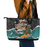 Personalized Japanese Koi Fish Ramen Leather Tote Bag Tiki Surfing Wagara Hibiscus Pattern - Wonder Print Shop