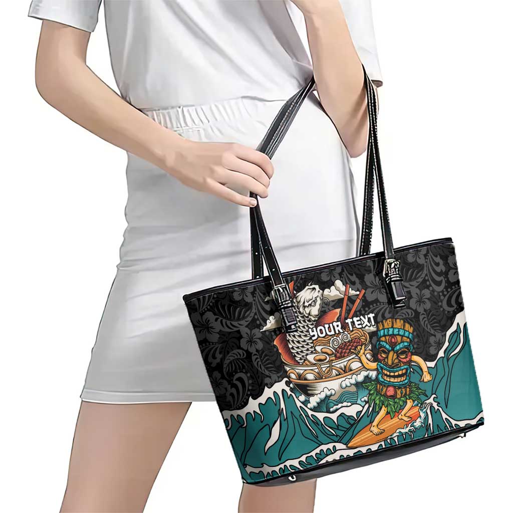 Personalized Japanese Koi Fish Ramen Leather Tote Bag Tiki Surfing Wagara Hibiscus Pattern - Wonder Print Shop