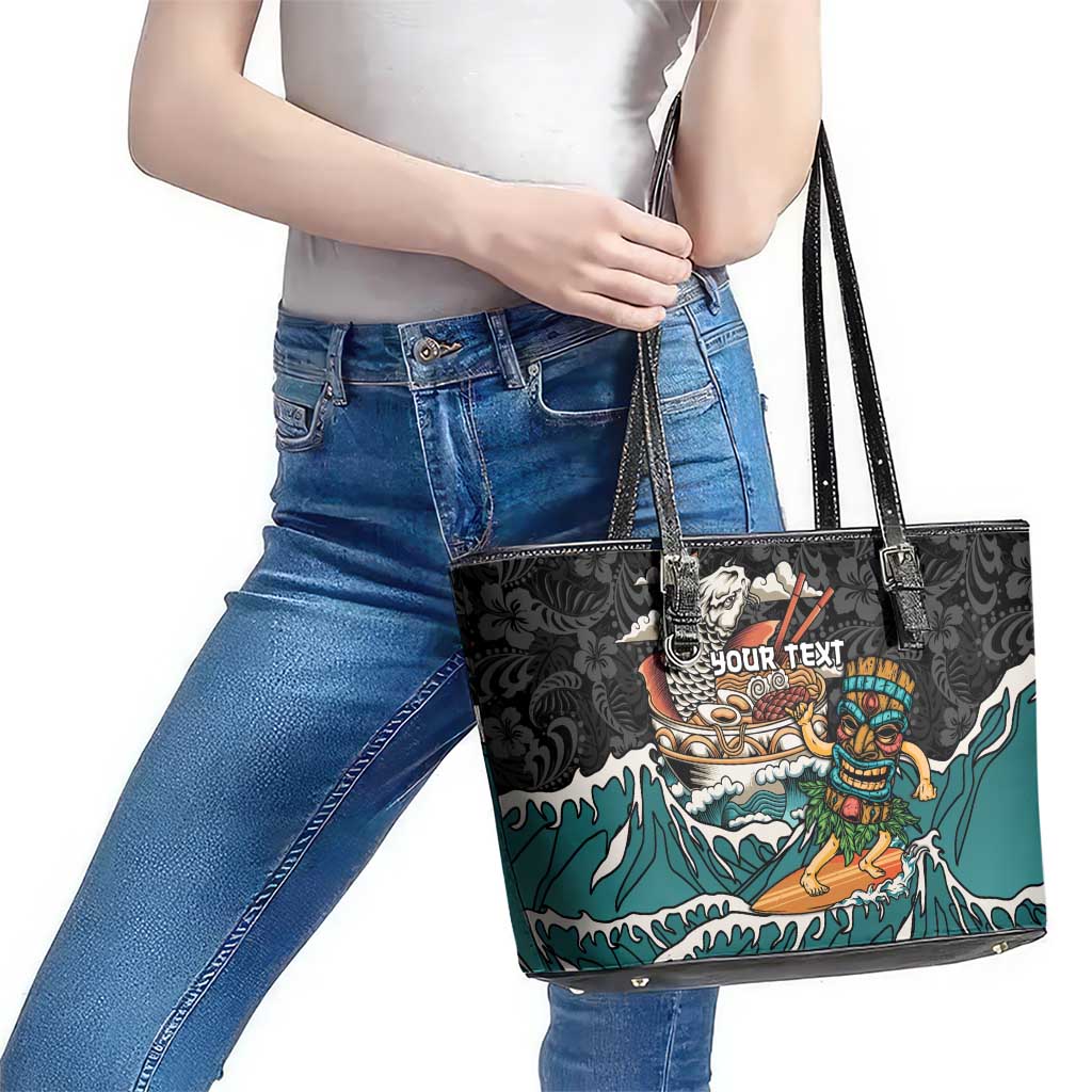 Personalized Japanese Koi Fish Ramen Leather Tote Bag Tiki Surfing Wagara Hibiscus Pattern - Wonder Print Shop