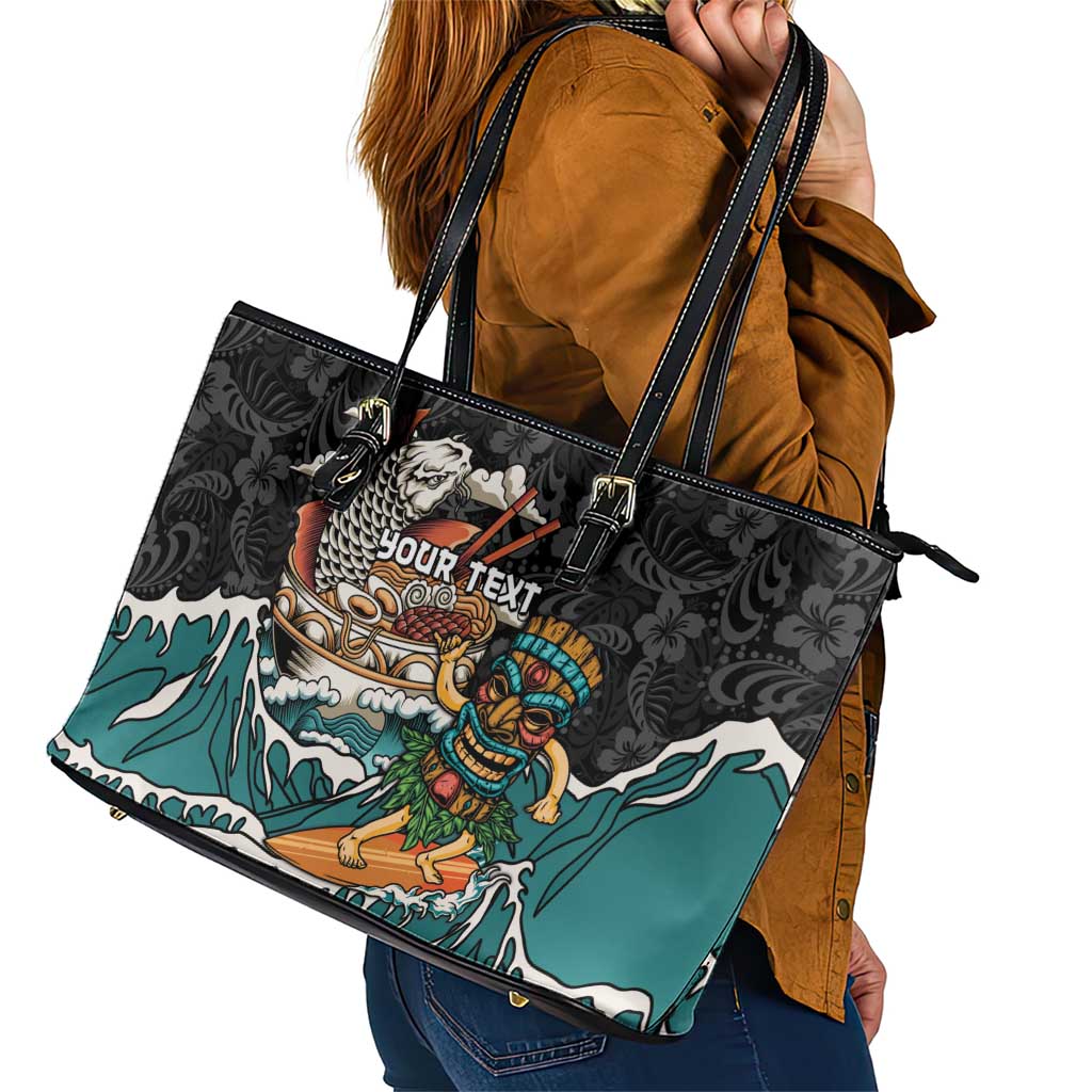 Personalized Japanese Koi Fish Ramen Leather Tote Bag Tiki Surfing Wagara Hibiscus Pattern - Wonder Print Shop
