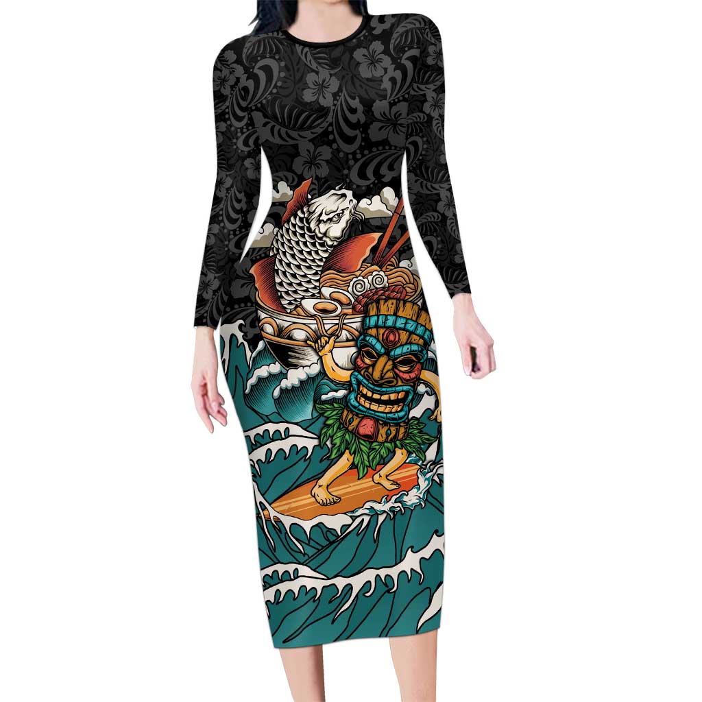 Personalized Japanese Koi Fish Ramen Long Sleeve Bodycon Dress Tiki Surfing Wagara Hibiscus Pattern - Wonder Print Shop