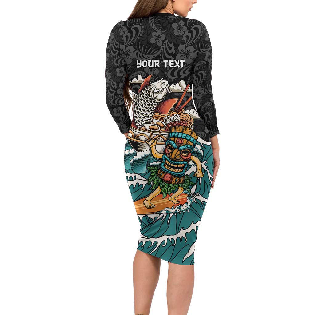 Personalized Japanese Koi Fish Ramen Long Sleeve Bodycon Dress Tiki Surfing Wagara Hibiscus Pattern - Wonder Print Shop