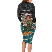 Personalized Japanese Koi Fish Ramen Long Sleeve Bodycon Dress Tiki Surfing Wagara Hibiscus Pattern - Wonder Print Shop