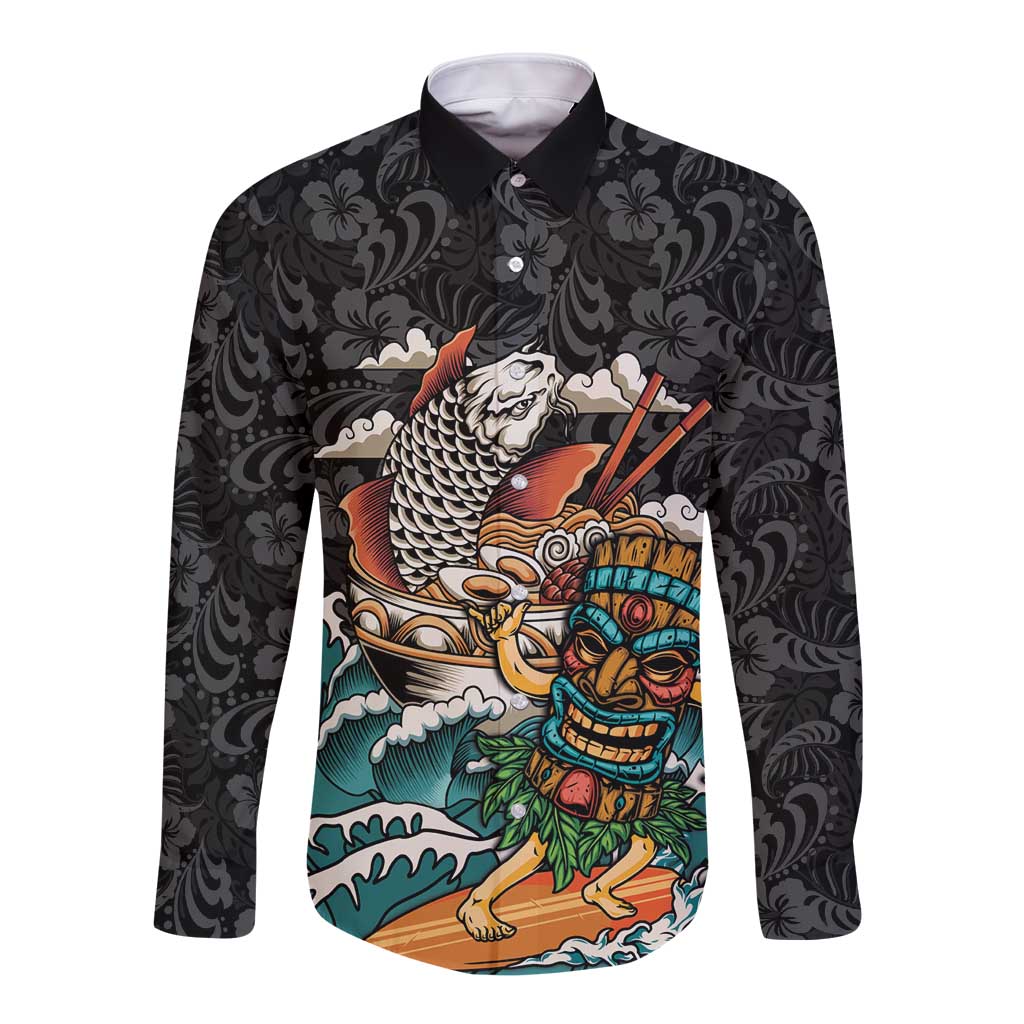 Personalized Japanese Koi Fish Ramen Long Sleeve Button Shirt Tiki Surfing Wagara Hibiscus Pattern - Wonder Print Shop