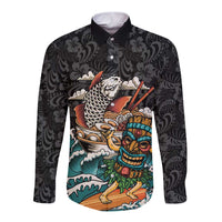 Personalized Japanese Koi Fish Ramen Long Sleeve Button Shirt Tiki Surfing Wagara Hibiscus Pattern - Wonder Print Shop