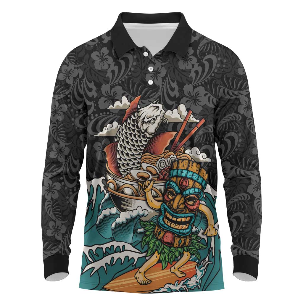 Personalized Japanese Koi Fish Ramen Long Sleeve Polo Shirt Tiki Surfing Wagara Hibiscus Pattern - Wonder Print Shop