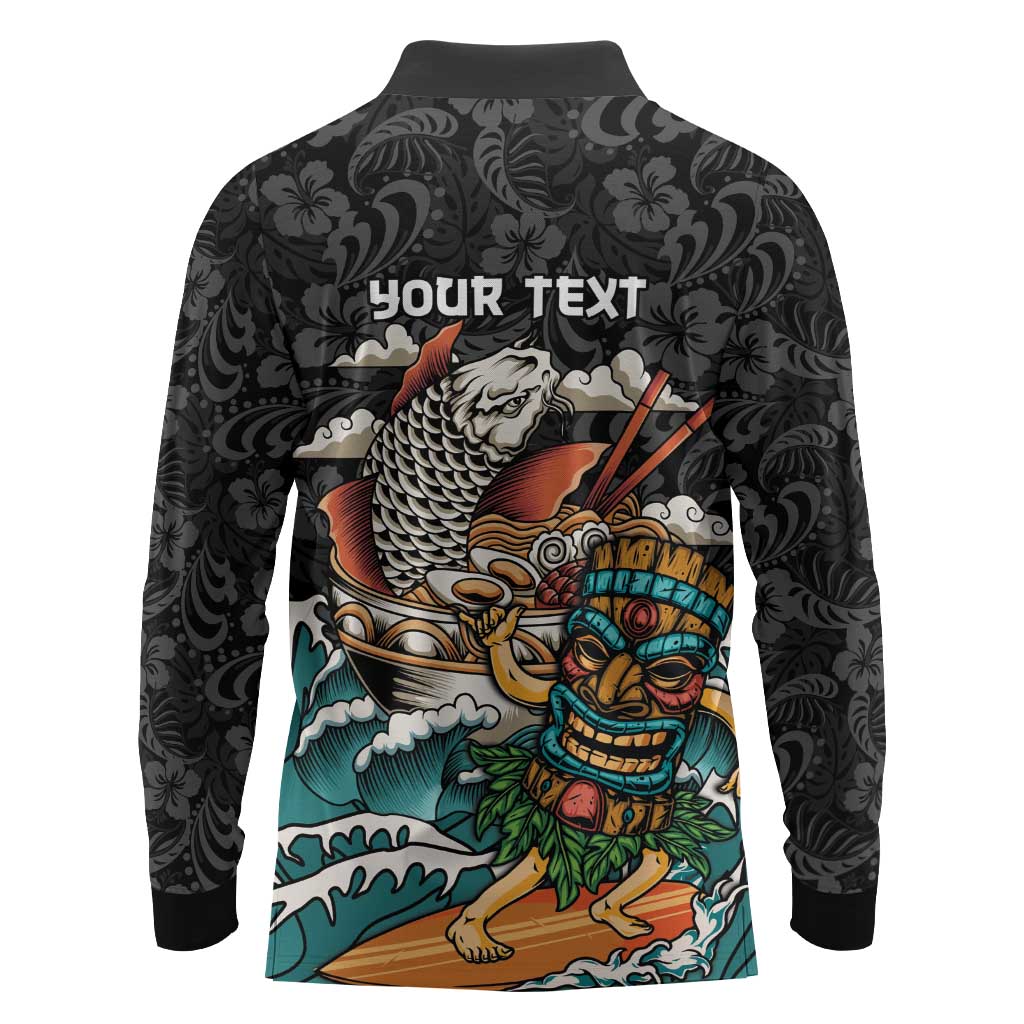 Personalized Japanese Koi Fish Ramen Long Sleeve Polo Shirt Tiki Surfing Wagara Hibiscus Pattern - Wonder Print Shop
