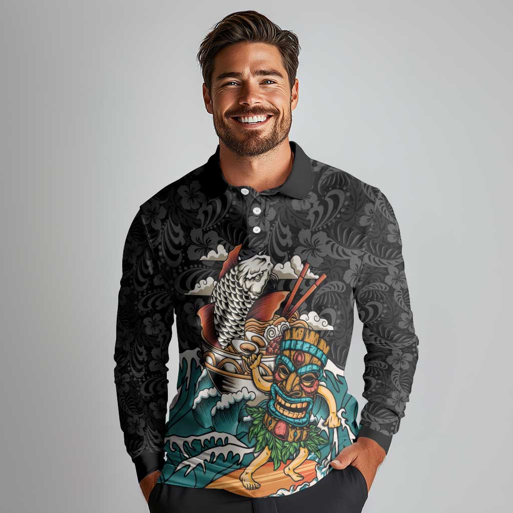 Personalized Japanese Koi Fish Ramen Long Sleeve Polo Shirt Tiki Surfing Wagara Hibiscus Pattern - Wonder Print Shop